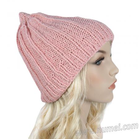 Handmade Hat Knit Pointed Tip Ribbed Hat - Soft Pink