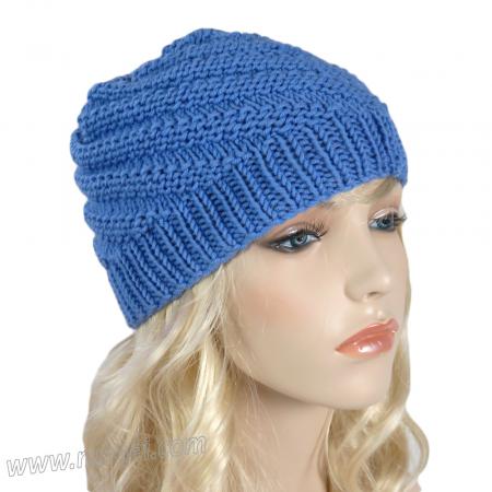 Handmade Hat Knit Swirl Ribbed Hat - Medium Blue